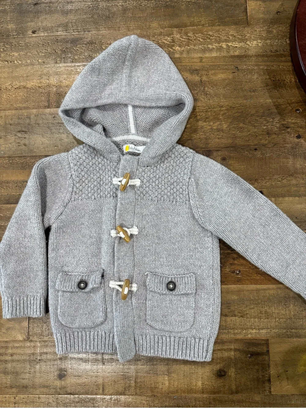 Baby Boden Gray Hooded Knit Sweater Jacket w/ Buttons & Toggle Fasteners